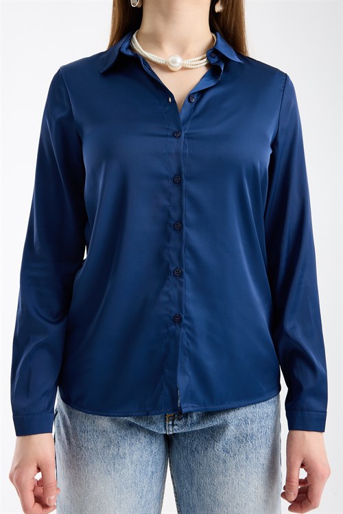 Wholesale Womens Midnight Blue Satin Long-Sleeve Shirt