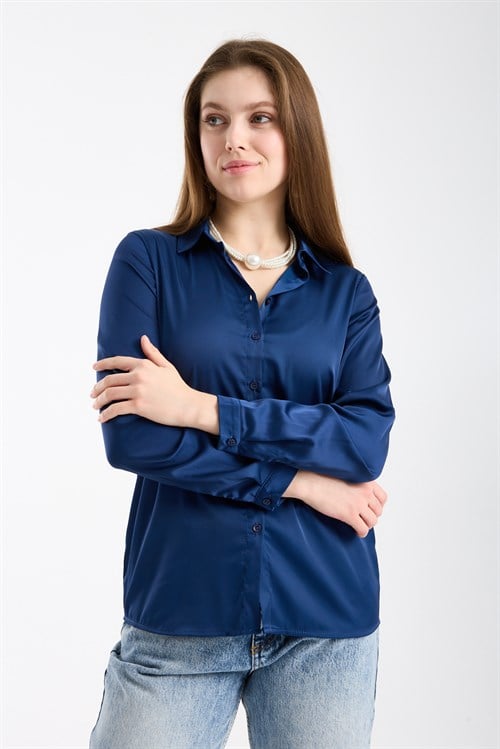 Wholesale Womens Midnight Blue Satin Long-Sleeve Shirt