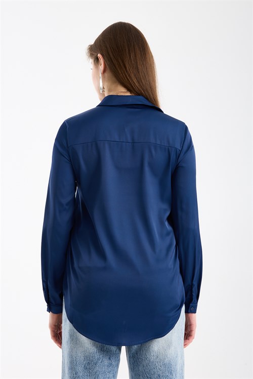 Wholesale Womens Midnight Blue Satin Long-Sleeve Shirt