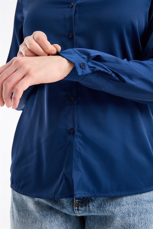 Wholesale Womens Midnight Blue Satin Long-Sleeve Shirt