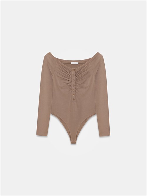 Wholesale Womens Mink Bodysuit with Button-Up Half Placket