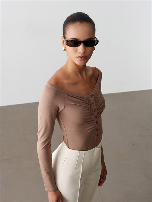 Wholesale Womens Mink Bodysuit with Button-Up Half Placket