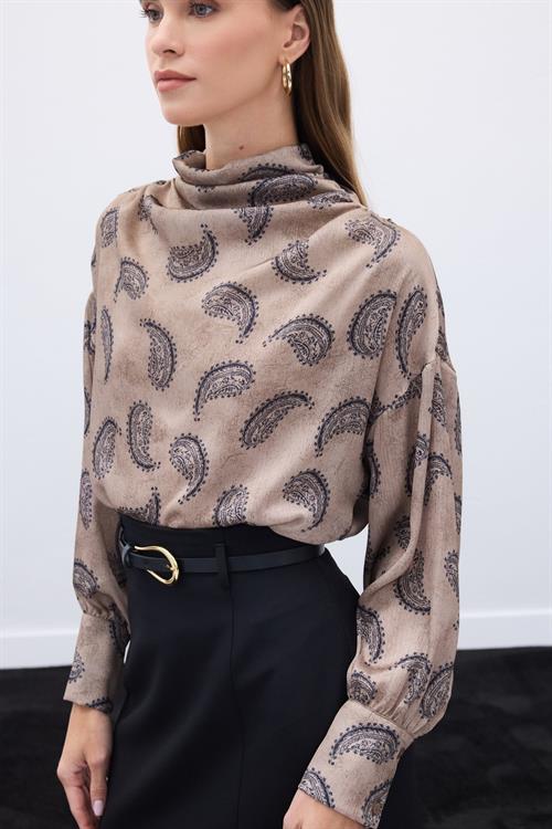 Wholesale Womens Mink Cowl-Neck Patterned Blouse