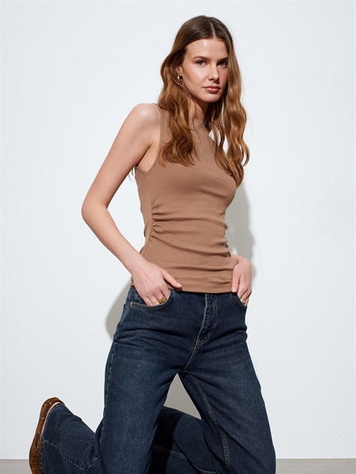 Wholesale Womens Mink Side Gathered Boat-Neck Top