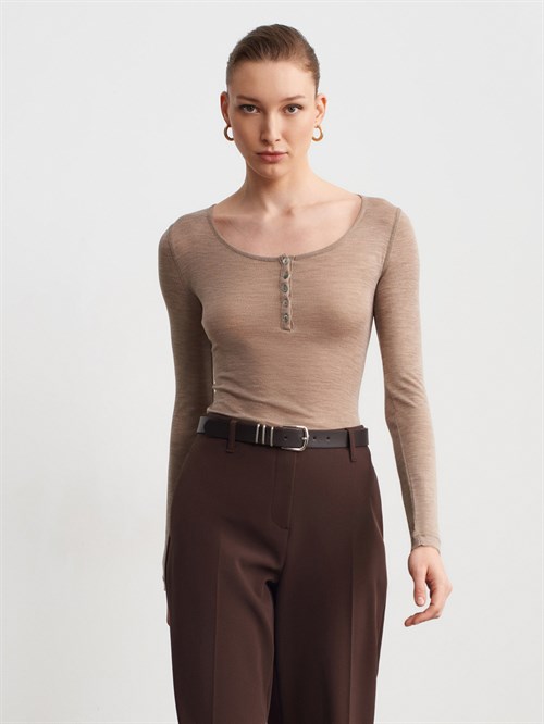 Wholesale Womens Mink Wool Long-Sleeve Blouse with Buttoned Half Placket