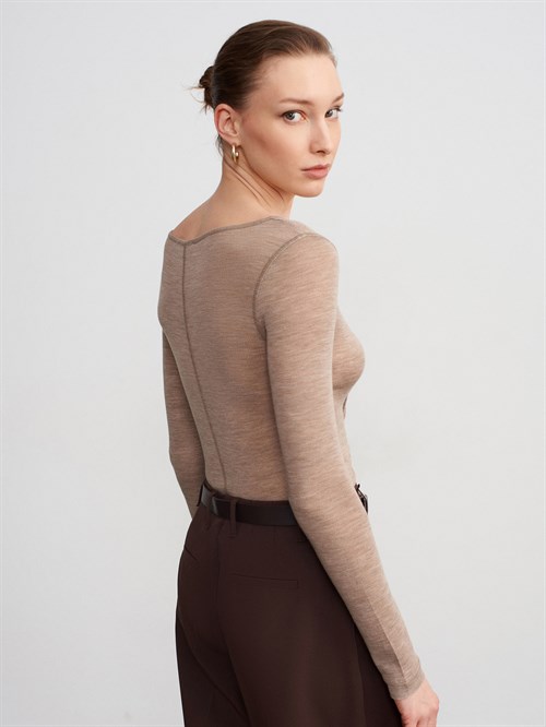 Wholesale Womens Mink Wool Long-Sleeve Blouse with Buttoned Half Placket