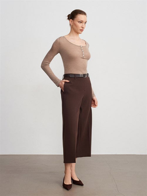 Wholesale Womens Mink Wool Long-Sleeve Blouse with Buttoned Half Placket