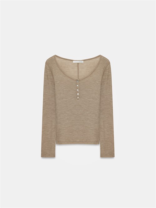 Wholesale Womens Mink Wool Long-Sleeve Blouse with Buttoned Half Placket