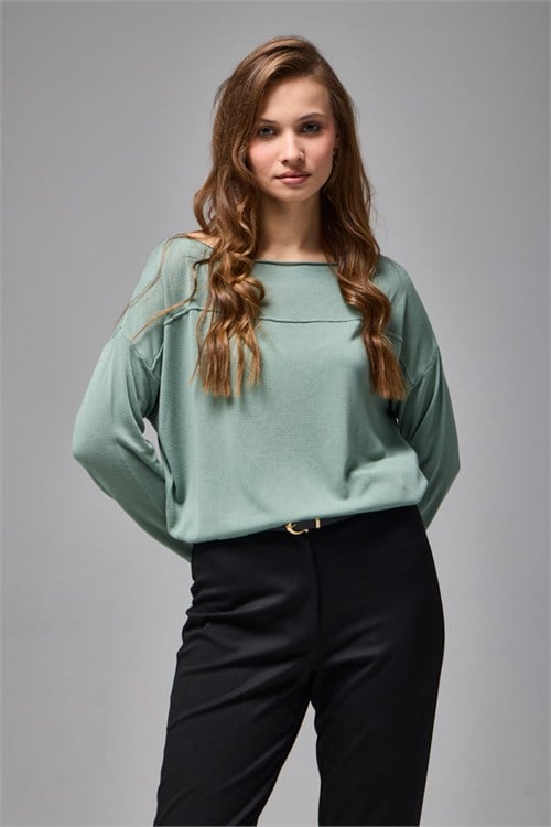 Wholesale Womens Mint Fine Knit Sweater with Boat Neck and Drop Shoulders
