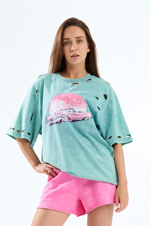 Wholesale Womens Mint Oversized Printed T-Shirt