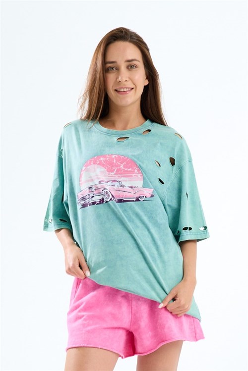 Wholesale Womens Mint Oversized Printed T-Shirt