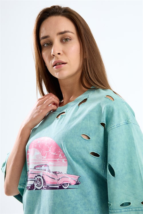 Wholesale Womens Mint Oversized Printed T-Shirt