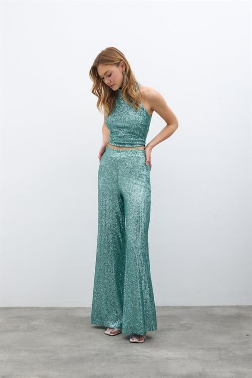 Wholesale Womens Mint Sequined Loose-Fit Trousers