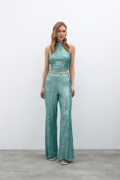 Wholesale Womens Mint Sequined Loose-Fit Trousers
