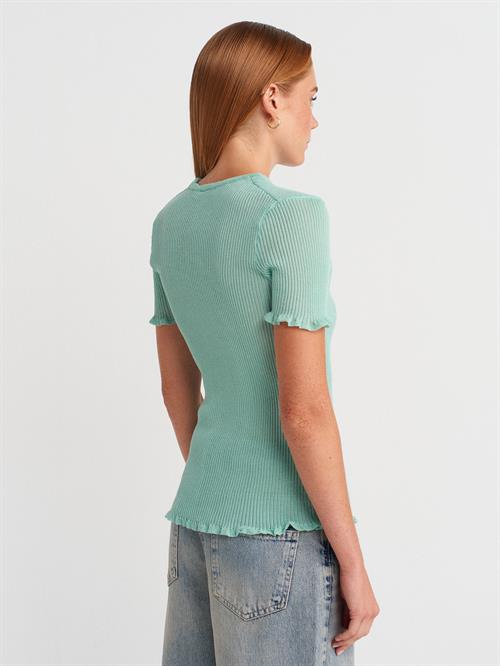 Wholesale Womens Mint Short-Sleeve Fine Knit Crew-Neck Blouse with Ruffled Trim