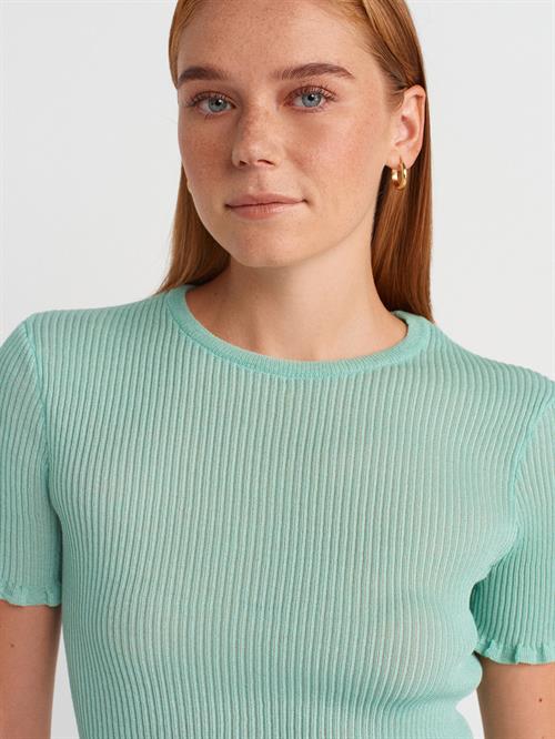 Wholesale Womens Mint Short-Sleeve Fine Knit Crew-Neck Blouse with Ruffled Trim
