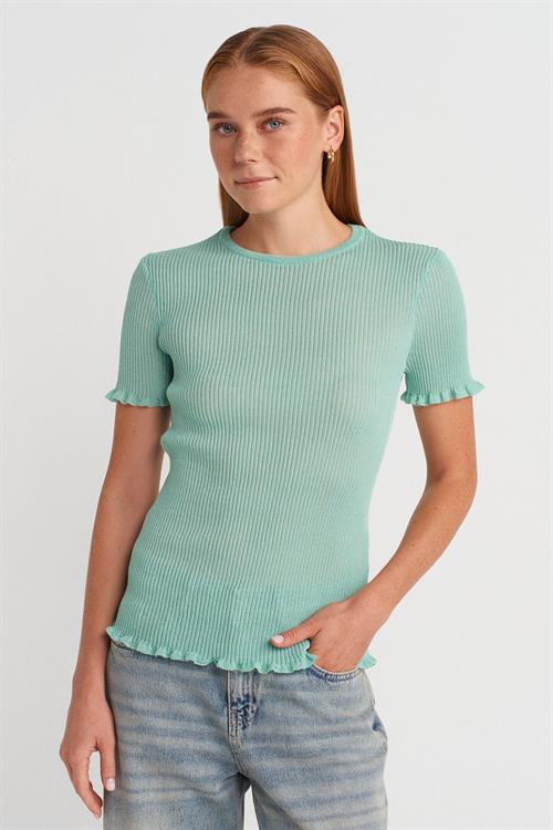 Wholesale Womens Mint Short-Sleeve Fine Knit Crew-Neck Blouse with Ruffled Trim