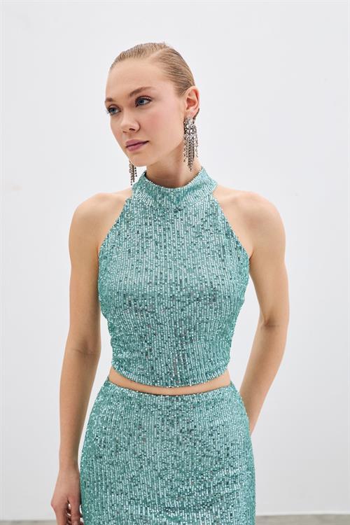 Wholesale Womens Mint Sleeveless Mock-Neck Sequined Blouse