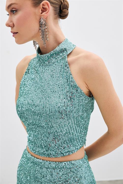 Wholesale Womens Mint Sleeveless Mock-Neck Sequined Blouse