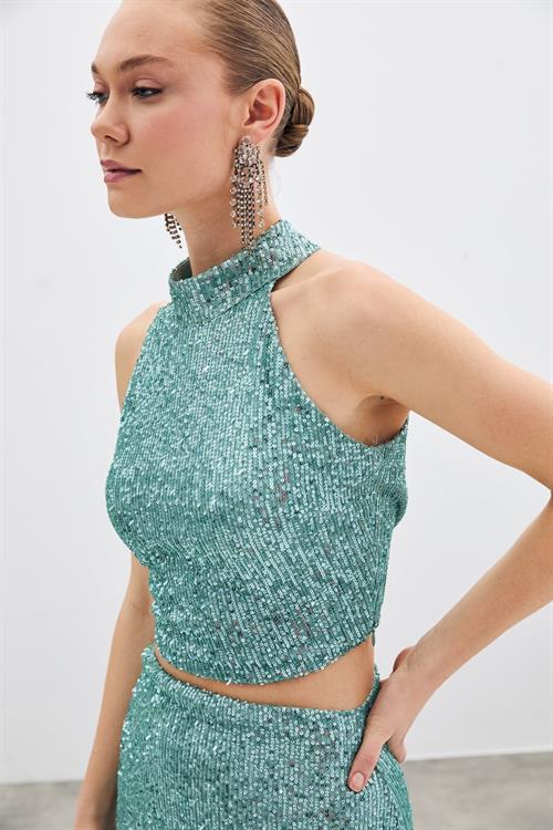 Wholesale Womens Mint Sleeveless Mock-Neck Sequined Blouse
