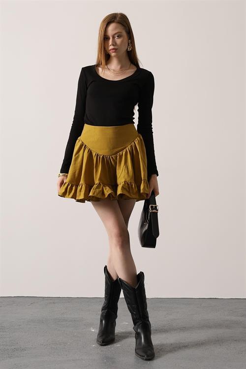 Wholesale Womens Mustard Corset-Waist Ruffled Mini Skirt