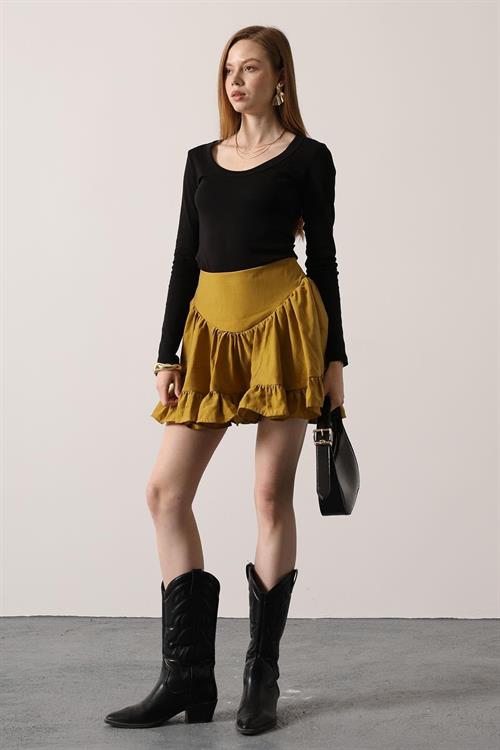 Wholesale Womens Mustard Corset-Waist Ruffled Mini Skirt
