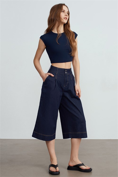 Wholesale Womens Navy Blue Modal-Cotton Cropped T-Shirt