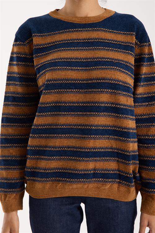 Wholesale Womens Navy-Camel Chenille Velvet Striped Crew-Neck Knit Blouse