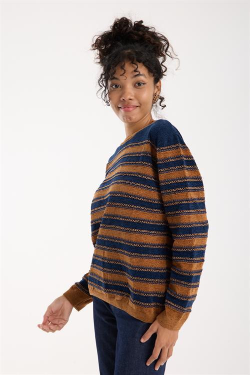 Wholesale Womens Navy-Camel Chenille Velvet Striped Crew-Neck Knit Blouse