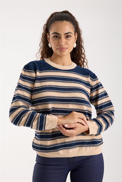 Wholesale Womens Navy-Cream Chenille Velvet Striped Crew-Neck Knit Blouse