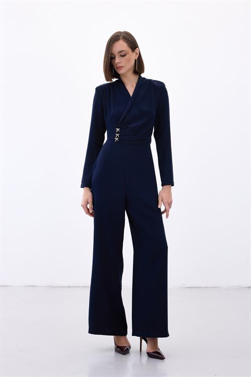 Wholesale Womens Navy Crepe Jumpsuit with Bow Accessory