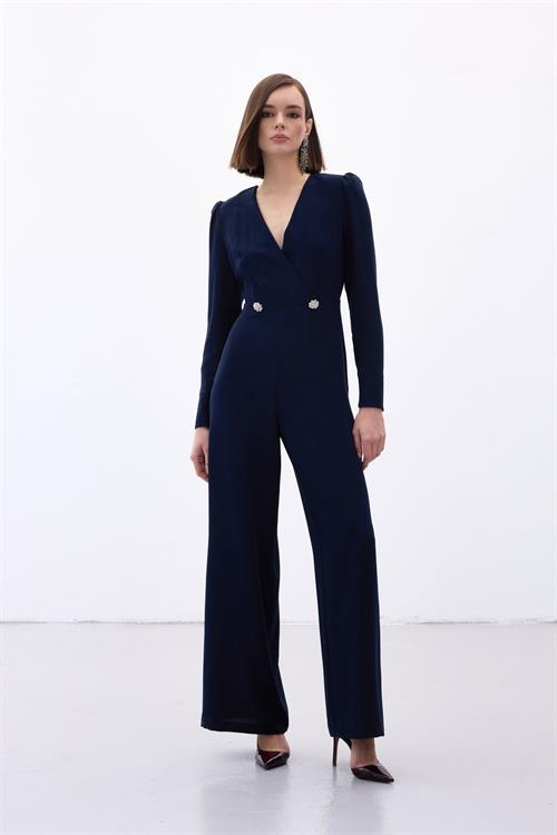 Wholesale Womens Navy Crepe Jumpsuit with Rhinestone Accessories