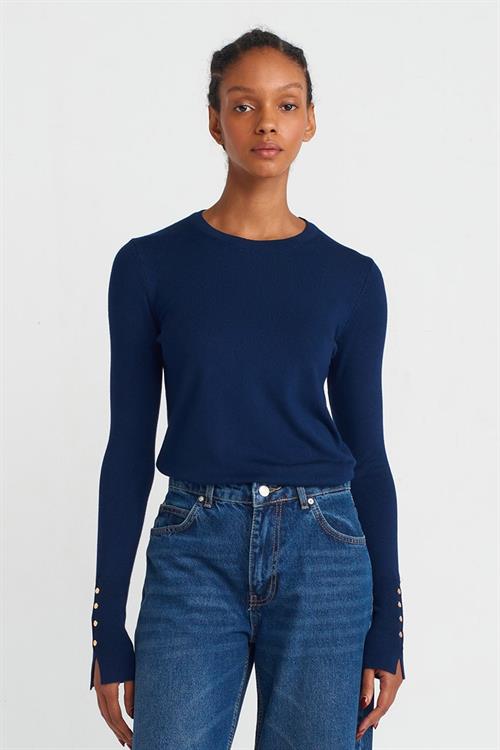 Wholesale Womens Navy Crew-Neck Knit Blouse with Snap-Button Wide Cuffs