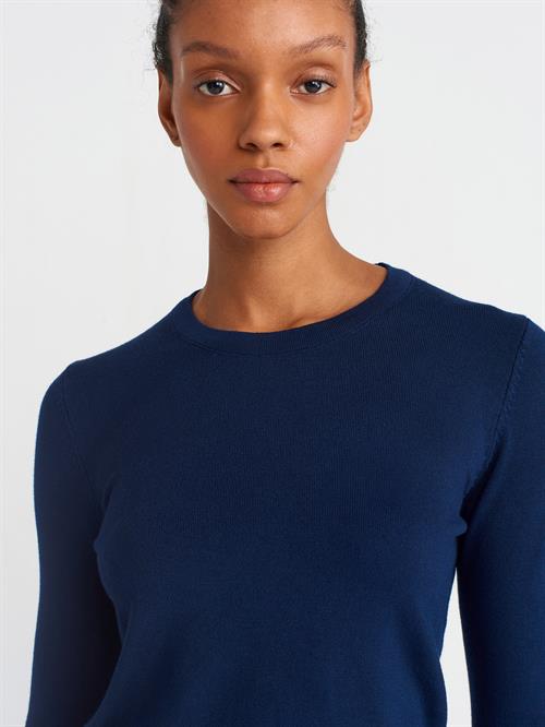 Wholesale Womens Navy Crew-Neck Knit Blouse with Snap-Button Wide Cuffs