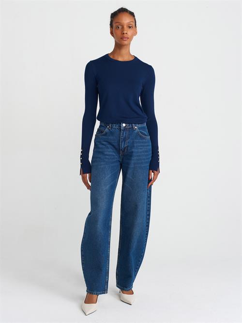 Wholesale Womens Navy Crew-Neck Knit Blouse with Snap-Button Wide Cuffs