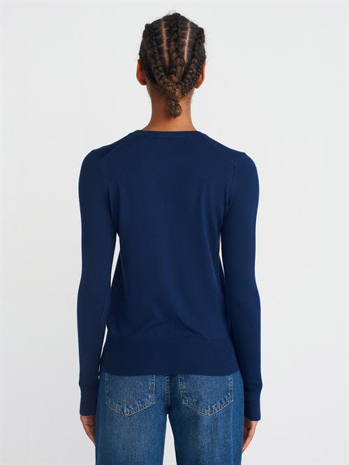 Wholesale Womens Navy Crew-Neck Knit Blouse with Snap-Button Wide Cuffs