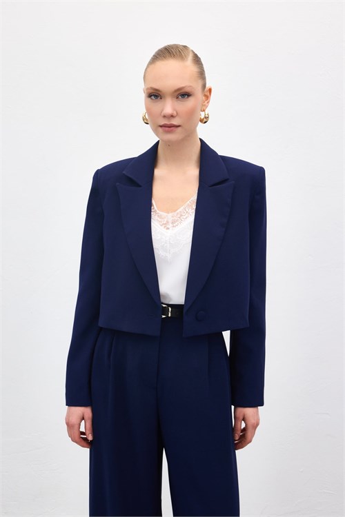 Wholesale Womens Navy Cropped Blazer with Notched Collar