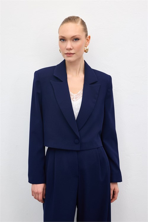 Wholesale Womens Navy Cropped Blazer with Notched Collar