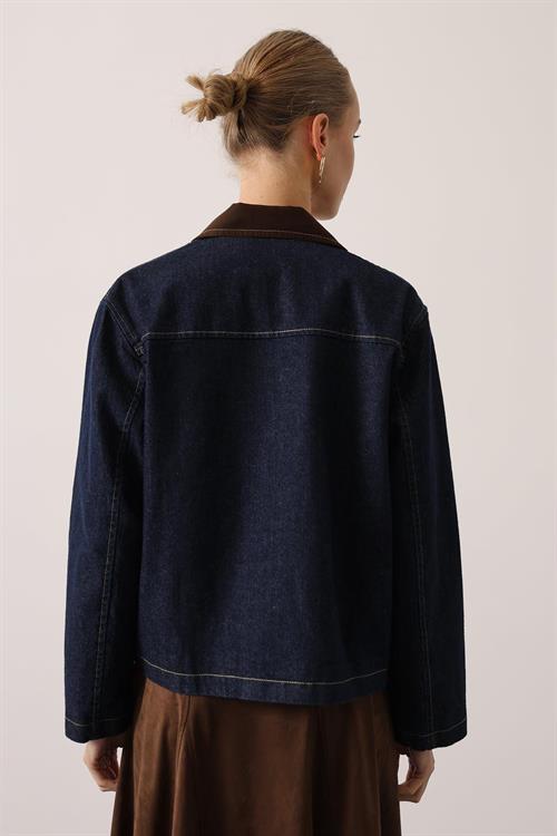 Wholesale Womens Navy Denim Oversized Jacket with Contrast Collar