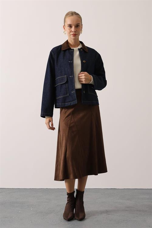 Wholesale Womens Navy Denim Oversized Jacket with Contrast Collar