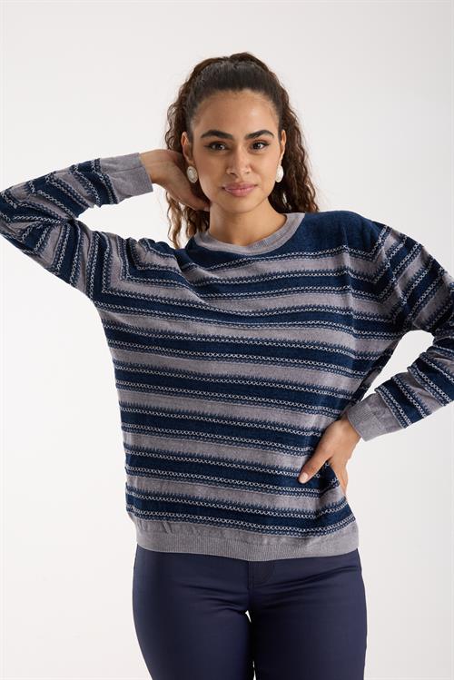 Wholesale Womens Navy-Gray Chenille Velvet Striped Crew-Neck Knit Blouse