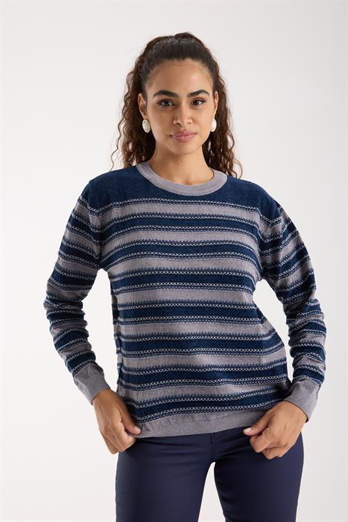Wholesale Womens Navy-Gray Chenille Velvet Striped Crew-Neck Knit Blouse