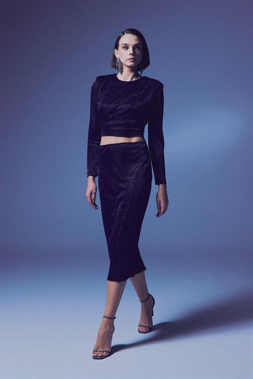 Wholesale Womens Navy Lurex Midi Pencil Skirt