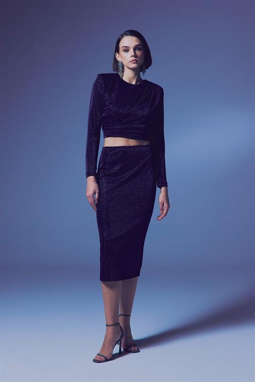 Wholesale Womens Navy Lurex Midi Pencil Skirt