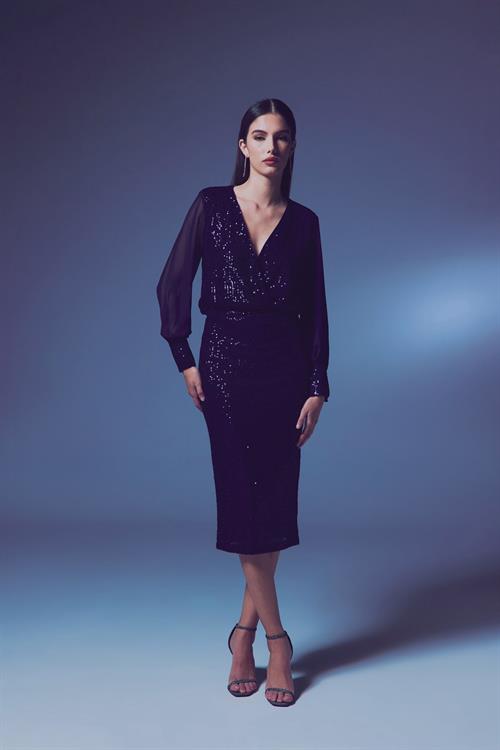 Wholesale Womens Navy Midi-Length Sequined Pencil Skirt