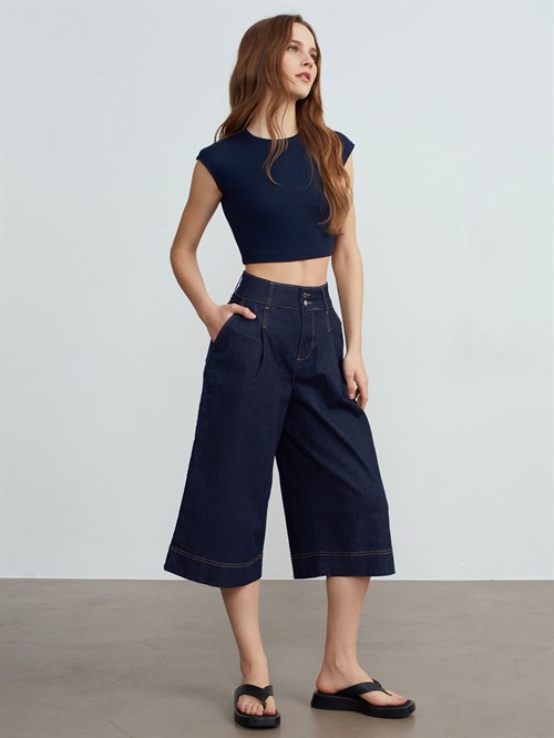 Wholesale Womens Navy Modal Cotton Crop T-Shirt