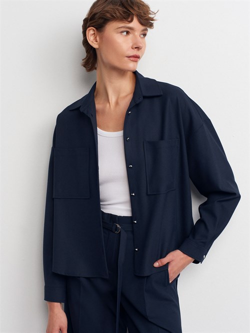 Wholesale Womens Navy Oversized Shirt with Patch Pockets