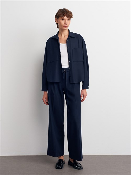 Wholesale Womens Navy Oversized Shirt with Patch Pockets