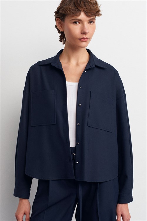 Wholesale Womens Navy Oversized Shirt with Patch Pockets