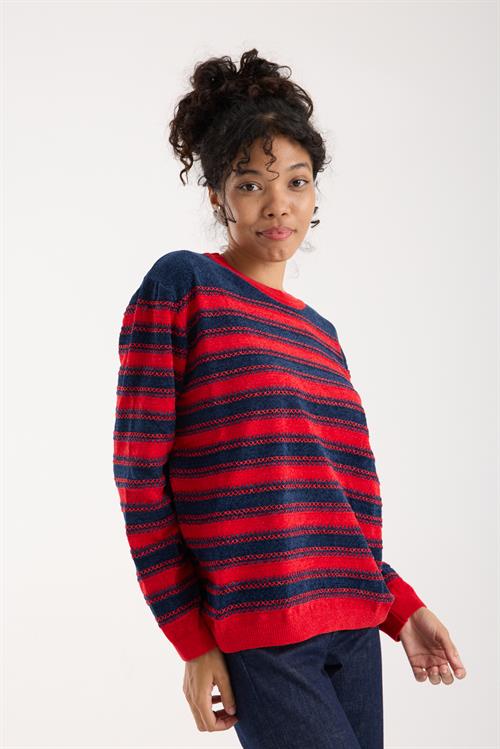 Wholesale Womens Navy-Red Chenille Velvet Striped Crew-Neck Knit Blouse
